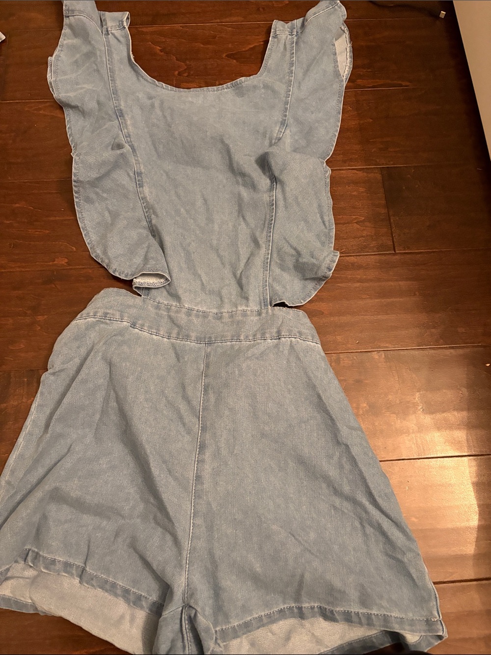 SHEIN Light Blue Denim Ruffle-Shoulder Romper